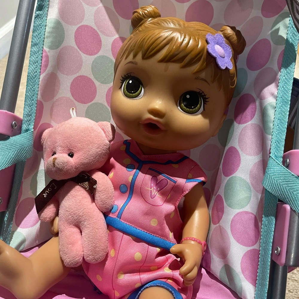 Doll with Pink Outfit and Teddy Bear